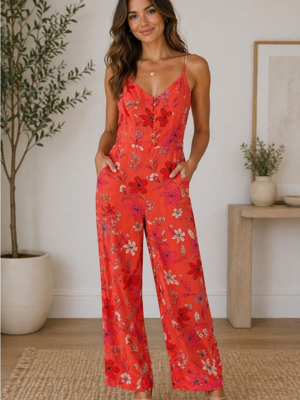 Banana Republic Coral Floral Spaghetti-Strap Jumpsuit